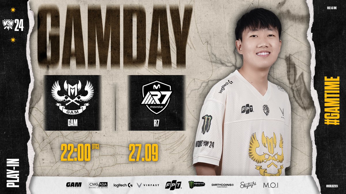 GAMesportsVN's tweet photo. It’s #GAMDAY at #Worlds2024!
GAM is monitoring the Swiss Stage ticket. Stay tuned for our match against R7 at 22:00 (ITC) on 27/9!
Do you know WHAT TIME IS IT!?
#GAMTIME #RiseAsOne #Worlds2024 https://t.co/mXDMGsyyrY