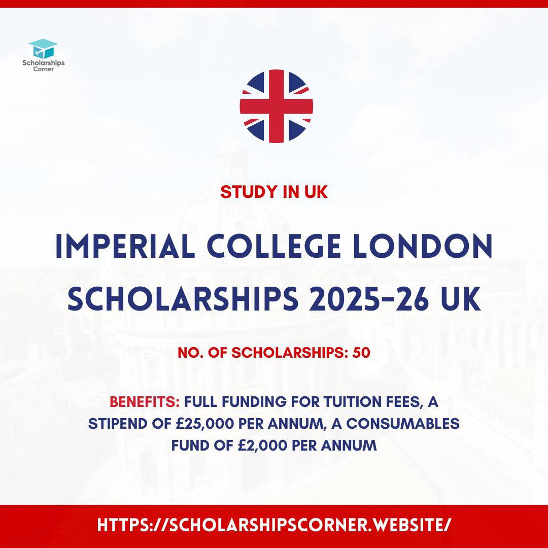 Imperial College London Scholarships in the UK

Link: scholarshipscorner.website/presidents-phd…

No. of Scholarships: 50 

#ScholarshipsCorner #imperialcollegelondon #studyinuk #StudyAbroad #scholarships #scholarshipsinUK #ukscholarships