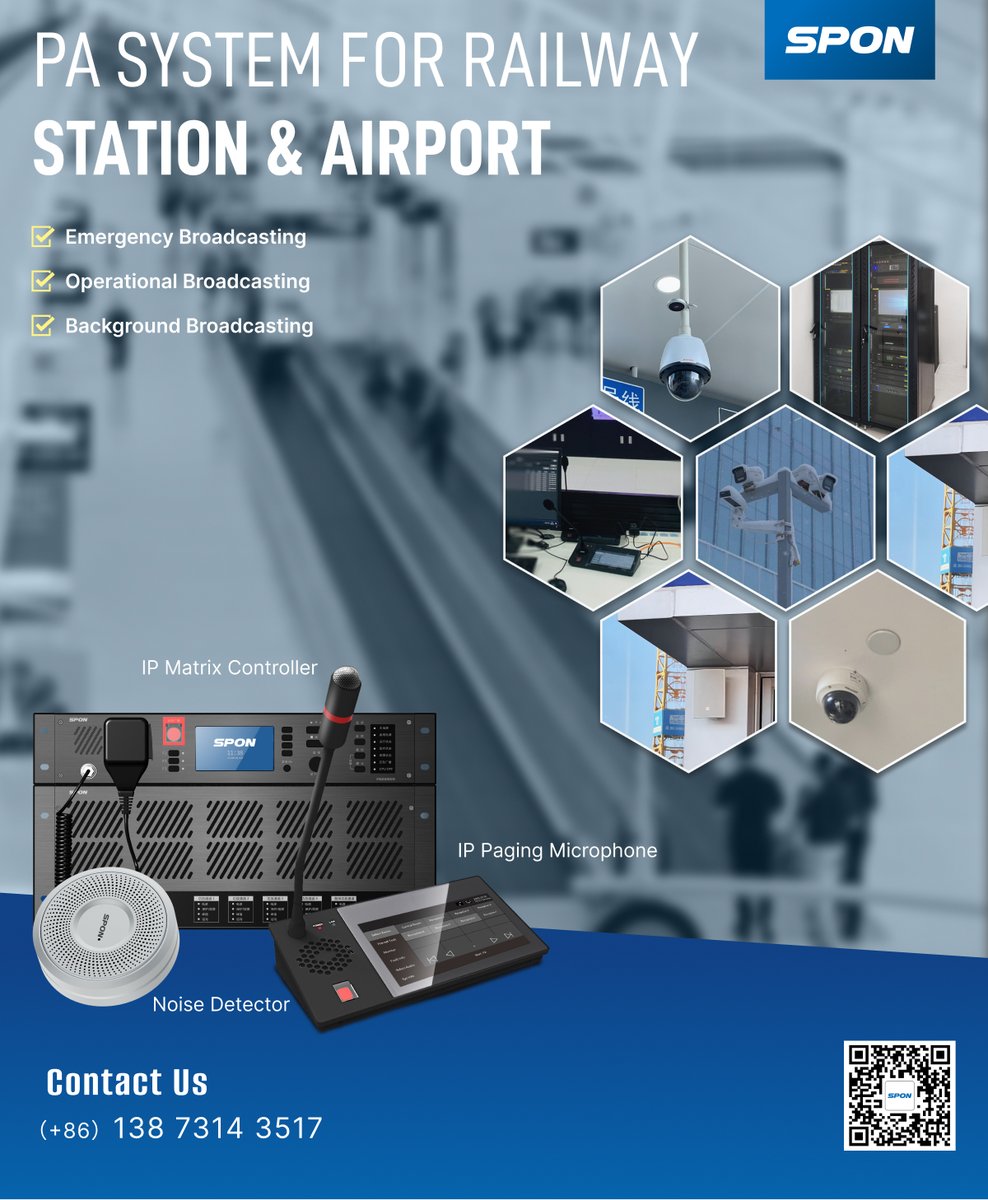 🚆✈️ Introducing SPON PA System for Railway Stations &amp; Airports!
🔊 Emergency Broadcasting
📢 Operational Broadcasting
🎶 Background Broadcasting
#SPON #PASystem #RailwayStations #Airports #SafetyFirst

Learn more: sponcomm.com