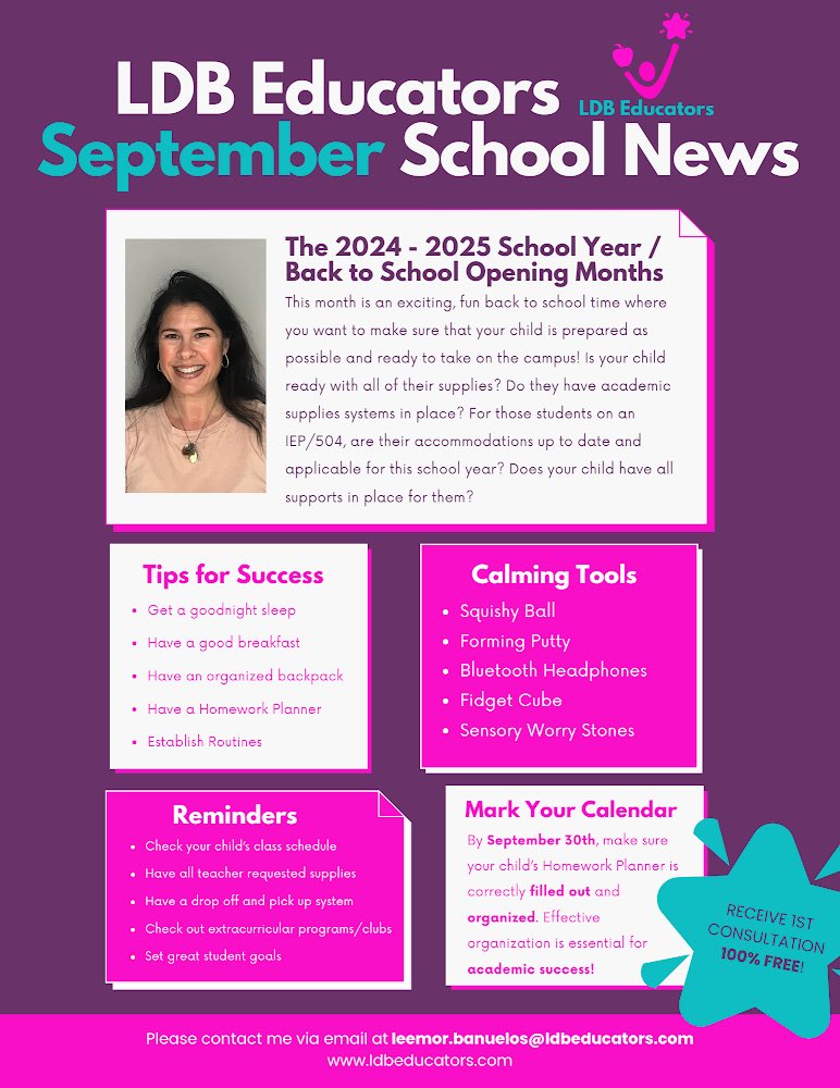 ldb_educators's tweet photo. 🌟As we transition into fall, please find your monthly update on school news, tips, and reminders from LDB Educators!🌟#specialeducation #tutor 
#IEPconsultant #2024schoolyear #viral #moms #education #school #information #learning #teaching #dads #students #positivity #fall https://t.co/B0ueBHFWAr