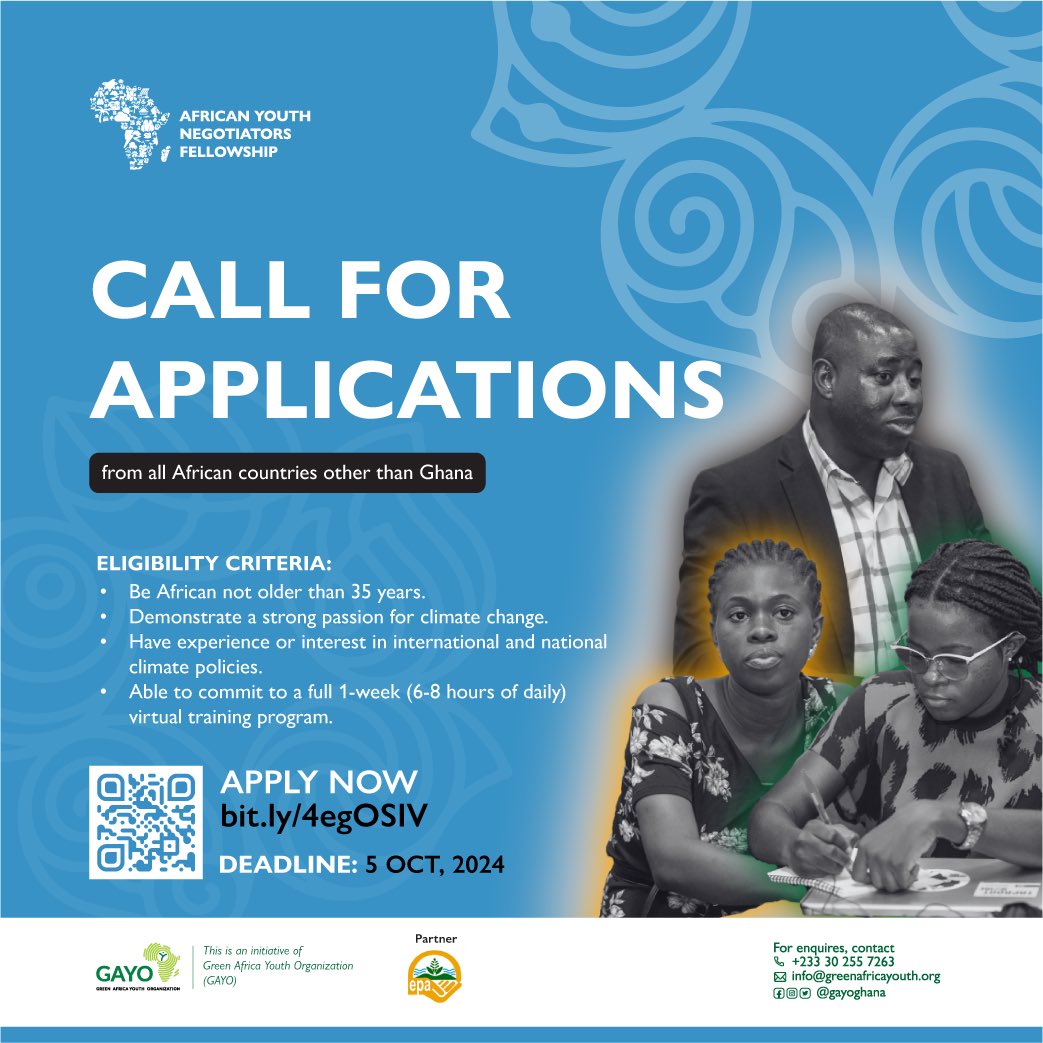 Rise to the Climate Challenge!🌿  
Are you an African youth ready to shape a sustainable future? Join the African Youth Negotiators Fellowship and lead global climate policy!
 
Apply Now: bit.ly/4egOSIV  

#ClimateAction #YouthLeadership #AYNFellowship #AfricaForClimate