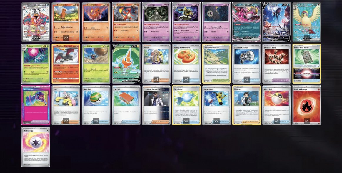 xiLLiamx's tweet photo. Won my first league challenge for the season with Charizard EX! Rabsca I barely used in my matches; but I do feel like is a nice inclusion, I honestly feel like Hero’s Cape is the best ACE Spec, and Thorton is a must in the deck. Match ups in the replies #PlayPokemon https://t.co/66yyRcxnOl