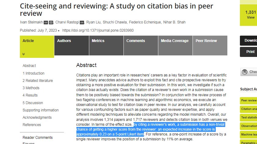 Citing your peer reviewer is associated with a better review score (0.23 on 5-point scale)
journals.plos.org/plosone/articl…