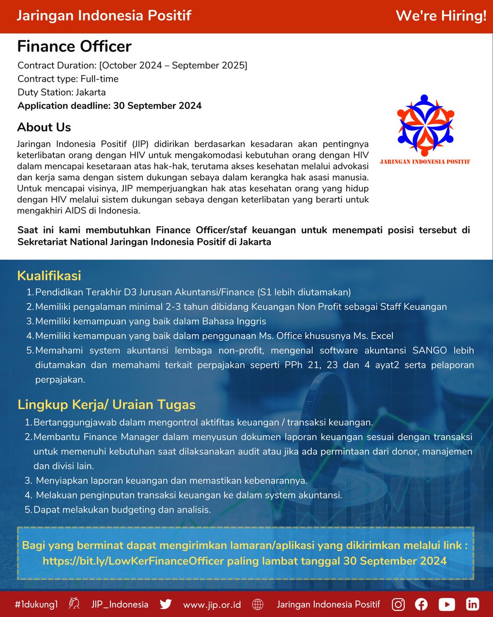 Jaringan Indonesia Positif membuka lowongan kerja untuk beberapa posisi, simak pada flyer kami dan apabila berminat silahkan mendaftar!

#jaringanindonesiapositif #focalpointjip #1dukung1 #oprec #lowongankerja #lowker #lowkerngo #lowkerjakarta