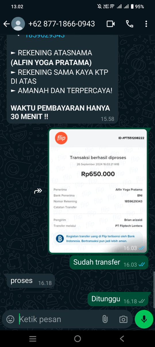 ZaldiaZaldi's tweet photo. Penipuan online, sudah transfer lalu kabur dan blokir whatsapp.  
nama : Alfin Yoga Pratama  
TTL : 05-04-2005   
Alamat : Jalan Sederhana DSN x Raya, Desa Sambirejo Timur, kec. percut sei tuan, kab deli serdang   
nomer rekening : 1859629343 BNI   
#Deliserdang #sambirejotimur https://t.co/BUttd1dAPT