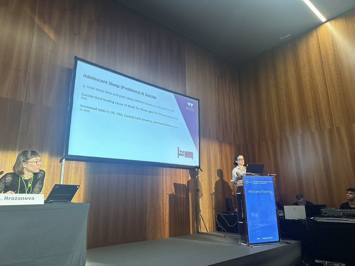 ce_parsons's tweet photo. Kicking us off at 8am @ESRS_Sleep #sleepeurope2024 @MichaelaPawley is speaking on adolescent sleep and suicide.

Using data from the millennium cohort study, 18,000 people, to look at longitudinal relationships between sleep and suicide attempts https://t.co/jeJbzwtQtp