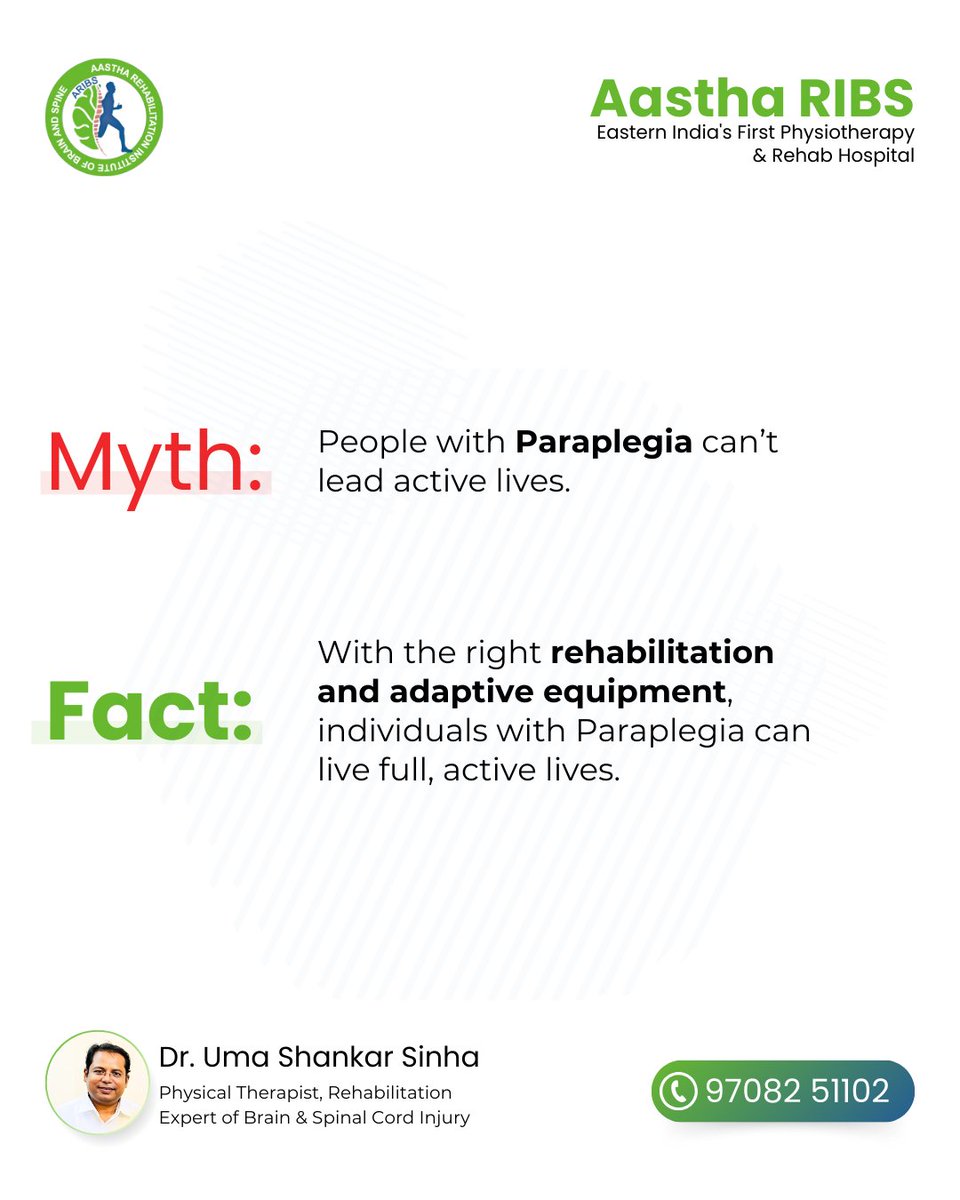Breaking myths and embracing life! 💪 

At Aastha RIBS, we help individuals with paraplegia regain independence with expert rehab and adaptive equipment. Recovery starts here! 🌟

📞 97082 51102
.
.
#paraplegiarecovery #aastharibs #spinalrehab #mythbuster #drumashankarsinha