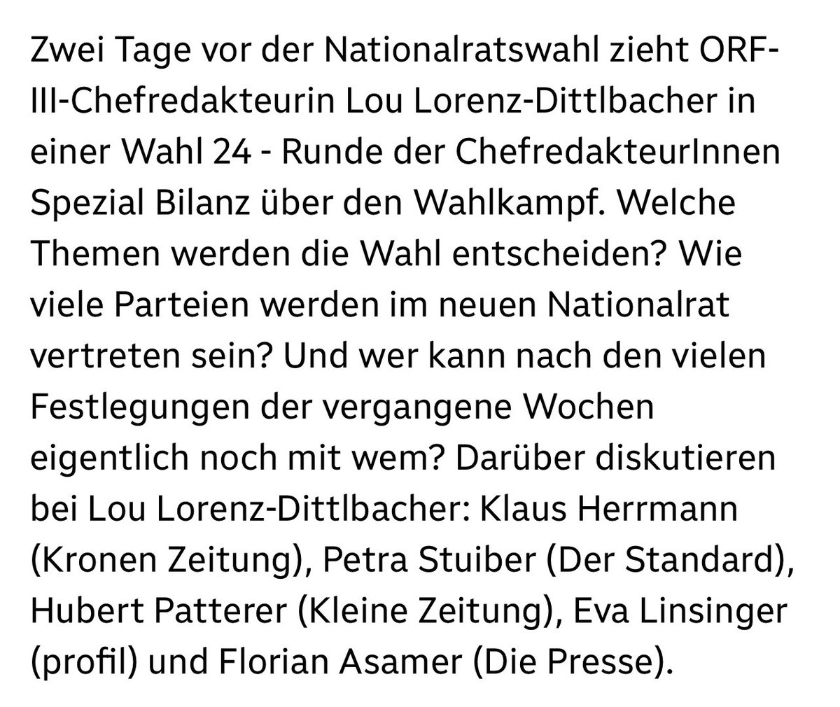 Lou Lorenz (@lou_lorenz) on Twitter photo In der ORFIII Info geben wir am
vorletzten Tag vor der Wahl noch einmal alles: ab 9.30 die Wahlkampfschlussveranstaltungen bei <a href="/ReinerReitsamer/">Reiner Reitsamer</a>, ab 20.15 Uhr die ausführliche Wahlkampfbilanz bei <a href="/KulovitsTheresa/">Theresa Kulovits</a> und um 21.05 freu ich mich auf eine Runde der Chefredakteur:innen ⬇️ In der ORFIII Info geben wir am
vorletzten Tag vor der Wahl noch einmal alles: ab 9.30 die Wahlkampfschlussveranstaltungen bei <a href="/ReinerReitsamer/">Reiner Reitsamer</a>, ab 20.15 Uhr die ausführliche Wahlkampfbilanz bei <a href="/KulovitsTheresa/">Theresa Kulovits</a> und um 21.05 freu ich mich auf eine Runde der Chefredakteur:innen ⬇️