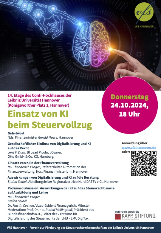 Wie kann das #Finanzamt die Möglichkeiten der #KI nutzen? Was bedeutet das für Steuerpflichtige und ihre Berater?  Damit befassen wir uns bei unserem nächsten #Abendsymposium in der <a href="/UniHannover/">Leibniz Uni Hannover</a>, u.a. mit @GeraldHeere und <a href="/rmellinghoff/">Rudolf Mellinghoff</a>.  Weitere Infos: vfs-hannover.de/2024/09/25/abe…