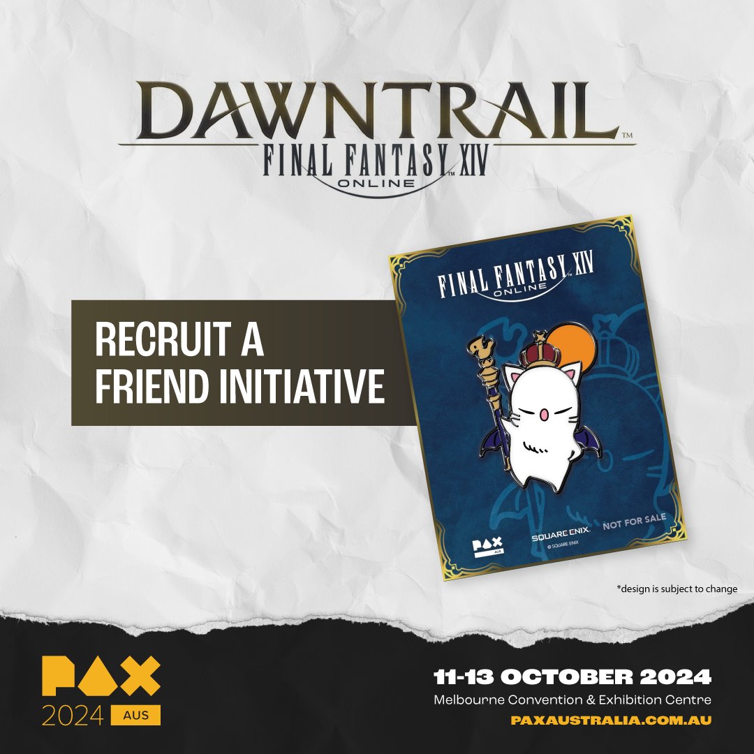 PAXAus's tweet photo. Have you heard of the critically acclaimed MMORPG #FFXIV? If you’re an avid FFXIV player, invite your friends or fellow PAX goers to sign up to the Free Trial on the FFXIV booth to receive a special Mentor Pin badge!

Friday &amp; Sunday Badges are SELLING OUT FAST!
#PAXAus 11-13 Oct https://t.co/VitP4nUebO