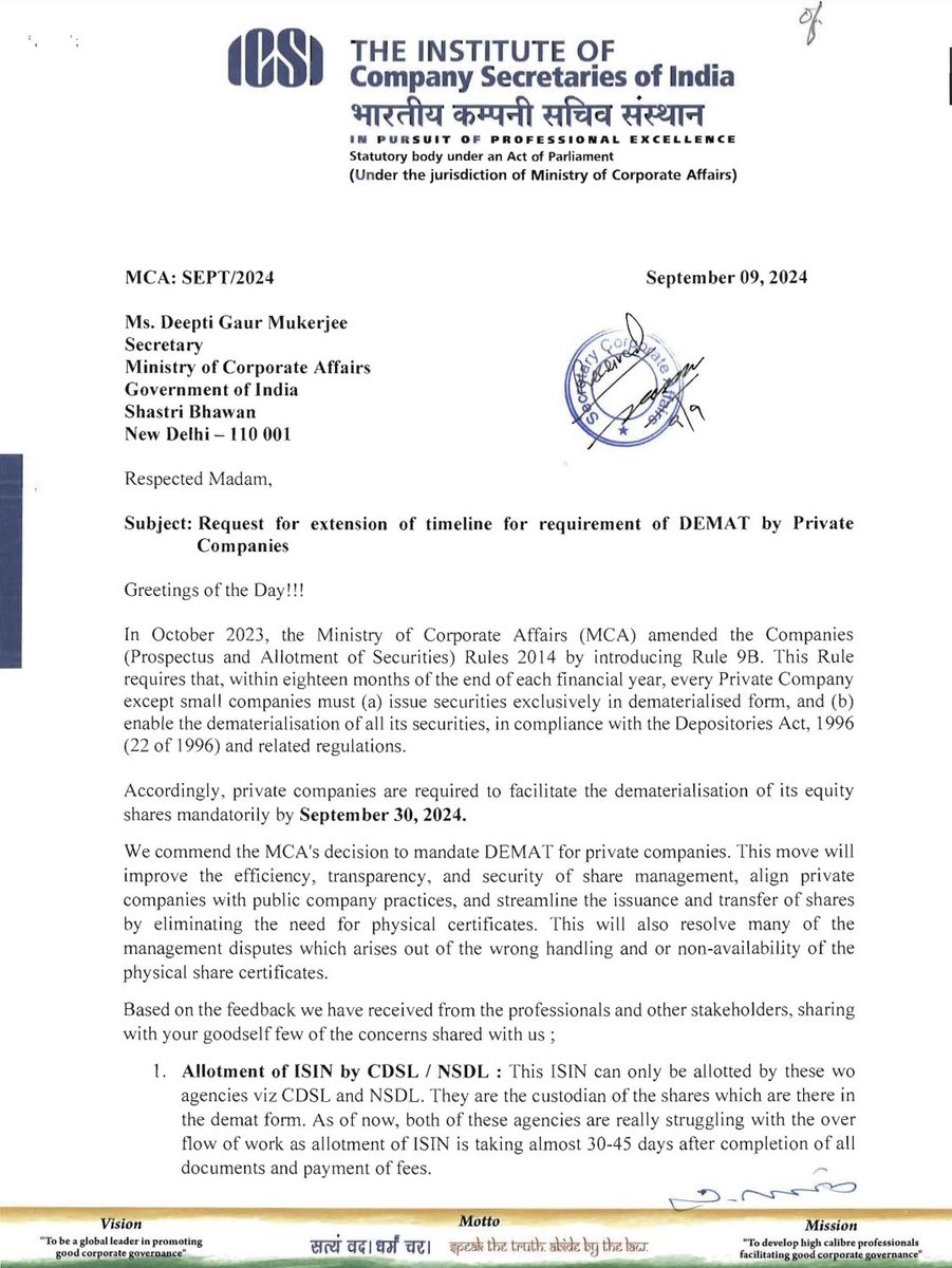 FCSJigarShah's tweet image. #ICSI has sent representation letter dated September 9, 2024, requesting #MCA to relax mandatory demat requirement for Section 8 companies, WOS, companies with family shareholding as well as extension of timeline.

#CSTwitter 

icsi.edu/media/webmodul…