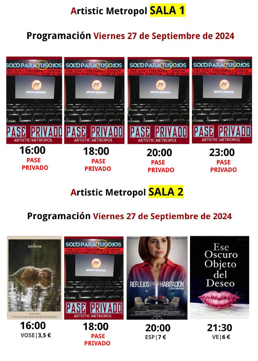 artmetropol's tweet image. Nuestra programación para hoy viernes 27

SALA 1

#PasePrivado

SALA 2

#TheRestoration 
#Reflejosenunahabitación
#Eseoscuroobjetodedeseo

Entradas a la venta en el link de la biografía.