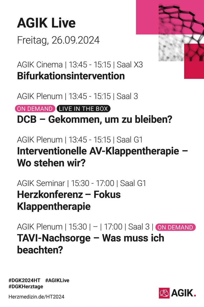 AGIK (@agikinterv) on Twitter photo Der zweite Showtag <a href="/DGK_org/">Deutsche Gesellschaft für Kardiologie</a> kann beginnen! Auf dem Programm stehen 1️⃣6️⃣ spannende <a href="/AGIKinterv/">AGIK</a> Sessions:
🔥 4️⃣ Workshops 📍Saal C
🔥 2️⃣ Sessions speziell für Assistenzpersonal 📍Saal X1
🔥 3️⃣ AGIK Cinema-Sessions📍Saal X3
🔥 7️⃣ interessante Sessions 📍Saal G1 und Saal 3 Der zweite Showtag <a href="/DGK_org/">Deutsche Gesellschaft für Kardiologie</a> kann beginnen! Auf dem Programm stehen 1️⃣6️⃣ spannende <a href="/AGIKinterv/">AGIK</a> Sessions:
🔥 4️⃣ Workshops 📍Saal C
🔥 2️⃣ Sessions speziell für Assistenzpersonal 📍Saal X1
🔥 3️⃣ AGIK Cinema-Sessions📍Saal X3
🔥 7️⃣ interessante Sessions 📍Saal G1 und Saal 3