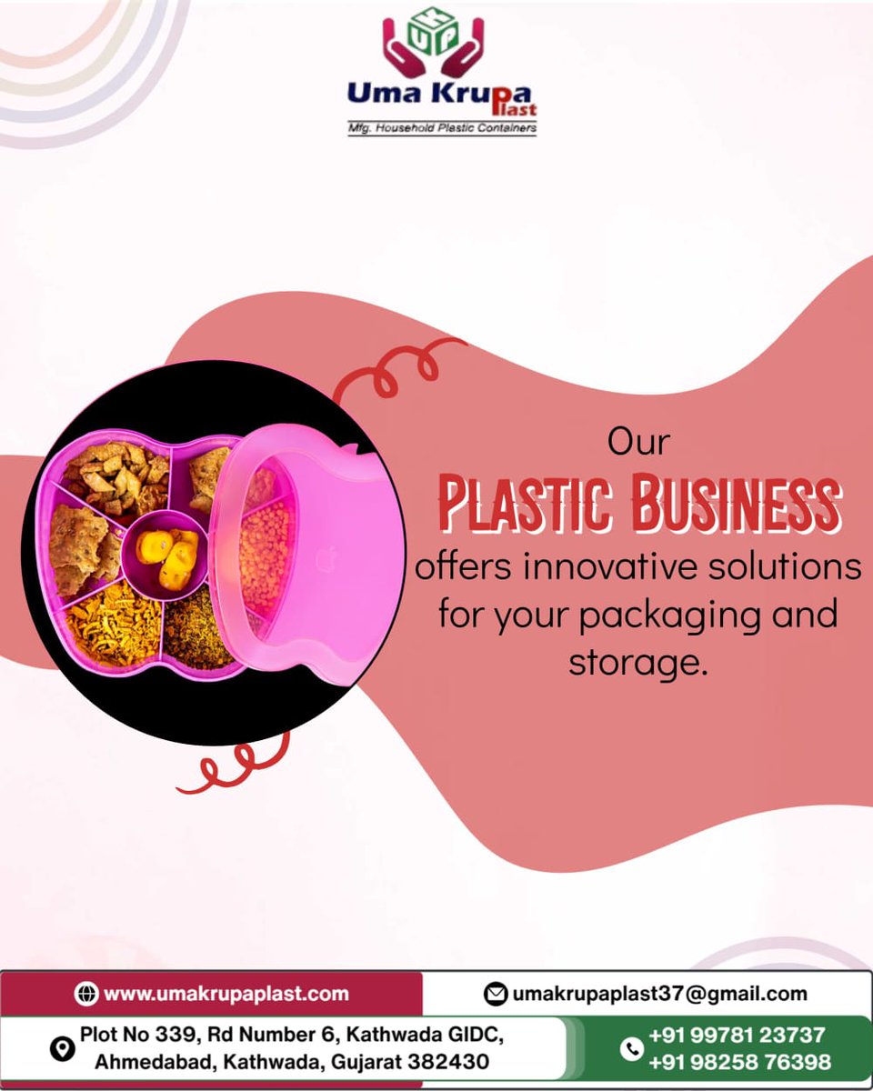 BHARATMANG56477's tweet photo. We are leading manufacturer of All Types of Plastic Containers.
If any requirements of these products.
Contact Us:-
Uma Krupa Plast
09978123737

#plasticcontainers #container #householditems #roundcontainers #squarecontainers #plasticproducts#masalabox https://t.co/TnBiGftNCs