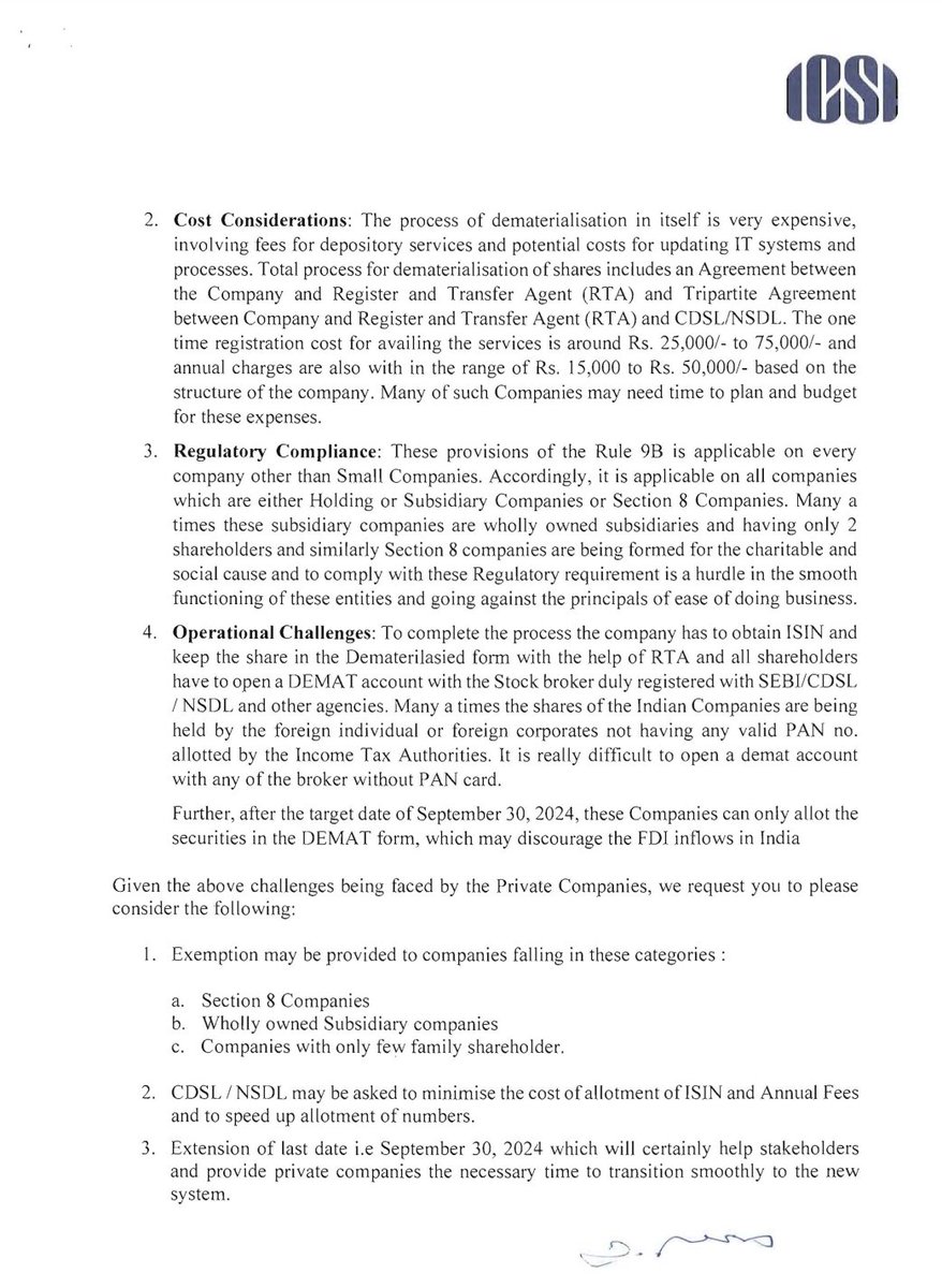 FCSJigarShah's tweet image. #ICSI has sent representation letter dated September 9, 2024, requesting #MCA to relax mandatory demat requirement for Section 8 companies, WOS, companies with family shareholding as well as extension of timeline.

#CSTwitter 

icsi.edu/media/webmodul…