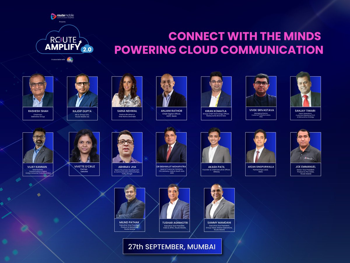 CNBCTV18News's tweet photo. The future of cloud communication starts here! Join industry experts at Route Amplify 2.0 as they explore groundbreaking innovations and strategies. Connect with the thought leaders shaping tomorrow’s digital landscape on 27th September in Mumbai.
#RouteAmplify #CloudInnovation #FutureOfCommunications @routemobile @NSaina