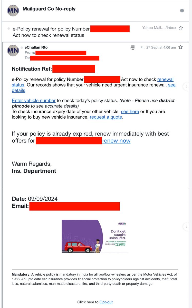 bkhanalam's tweet photo. @ACKOIndia what kind of email format and email sender name is this "eChallan RTO"? The email name &amp; the body clearly gives the impression that this email is send from #RTO dpartmnt. Additionally I would like to know the source from where you got my details?
(1/2) @ICICILombard https://t.co/1WlNji3N0V