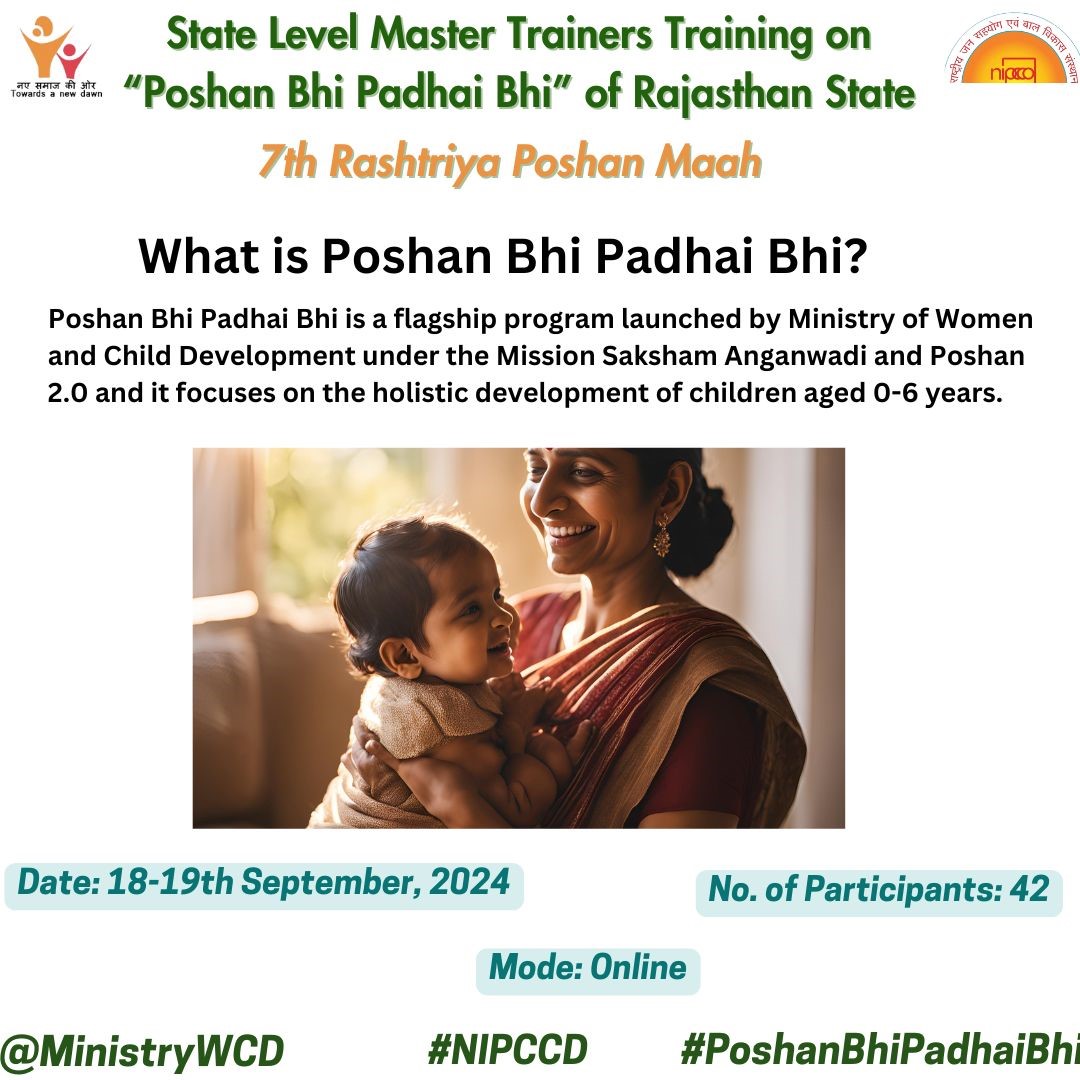 SPNIWCD_MWCD's tweet photo. An Online State Level Master Trainers Training Programme on Poshan Bhi Padhai Bhi of Rajasthan state was organised by NIPCCD Headquarters, New Delhi from 18-19 September, 2024. A total of 42 participants attended the Training.

@MinistryWCD #NIPCCD #SLMTs #PoshanBhiPadhaiBhi https://t.co/HFY3cZQOR1