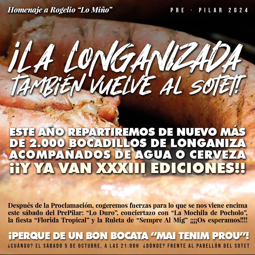 FiestasDelPilar's tweet photo. Este año, la LONGANIZADA cambia de día y ubicación y vuelve AL SOTET🌭Estamos montando una jornada de PRE PILAR a ful de actividades, y para coger fuerzas entre la tarde y las de la noche... ¿a quién no le va a gustar un buen bocadillo de longaniza? 😜#prepilar #pilarfraga2024 https://t.co/DeOgrFS38e
