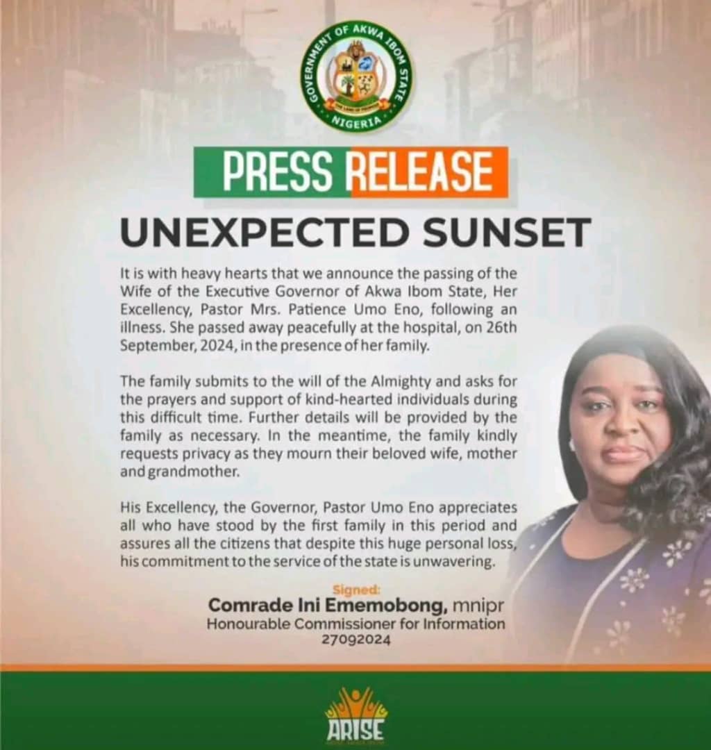 Unwanaassam1's tweet photo. SAD!

Wife of the Governor of Akwa Ibom State, Mrs. Patience Umo Eno is dead. According to the official release, she passed on after an illness in the presence of her family. May her soul rest in peace!😭😭😰😰

Pregnant/ Yes Daddy/ Pete Edoche/ #verydarkman https://t.co/v9HkBaultL