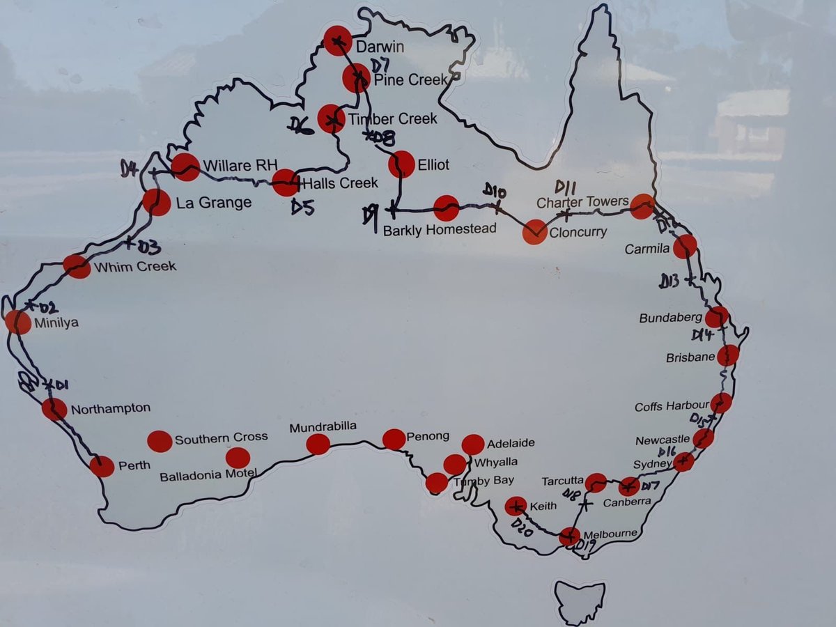 Day 20 ✅

Coburg Melbourne to Keith SA 504km

Bit of tail wind delivering about 45 kWhr /100 at 85kph most of the way

Charges at Ballarat, Horsham, Bordertown all 100kw making the trip very quick. Camped at Keith Caravan

Follow the journey here! 🔗 web.v2track.com/public.aspx?su…