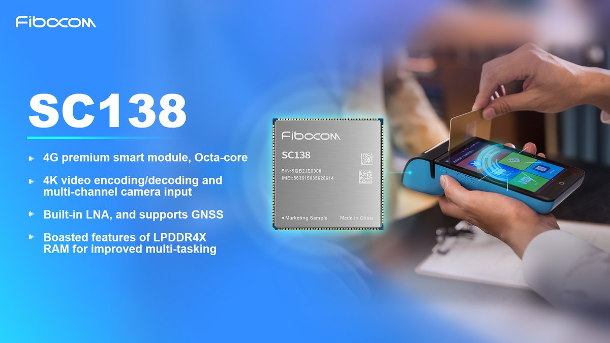 Fibocom_IoT's tweet image. @Fibocom_IoT  SC138 is a 4G premium smart module for IoT terminals like POS, digital signage, and industrial PDAs. Powered by Qualcomm QCM6125, it supports 4K video, multi-camera input, and flexible interfaces.
Learn more: fibocom.com/en/products/LT…

#4Gpremium #smartwireless #SC138