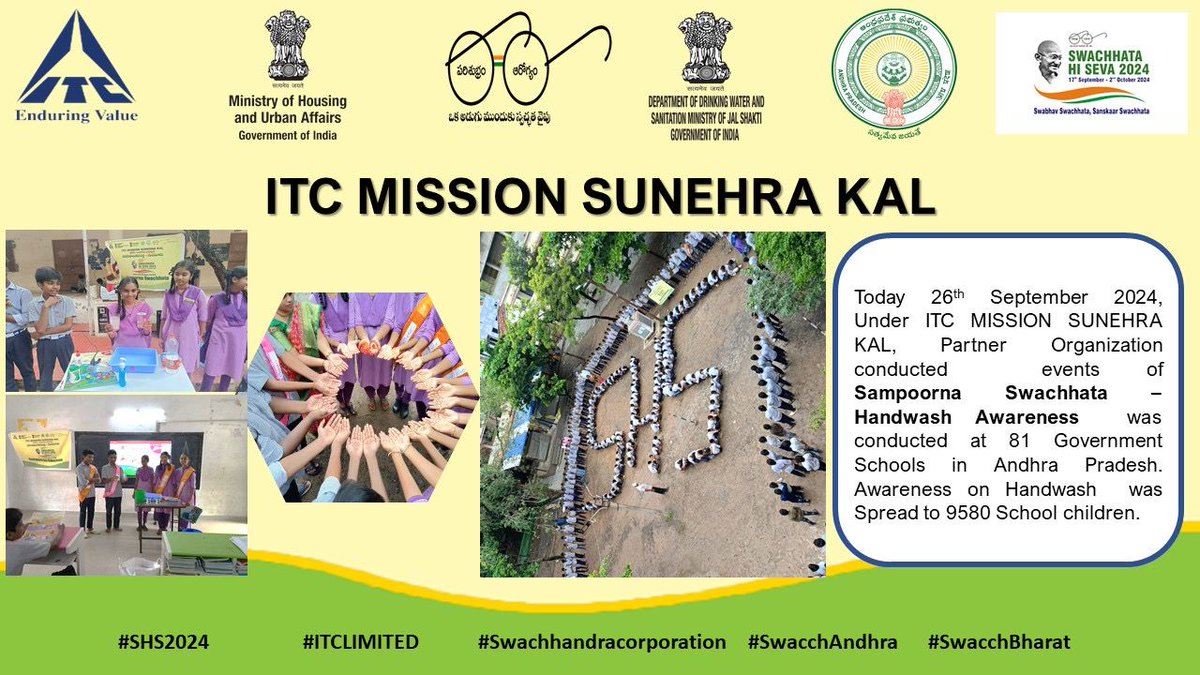 SwachhaAndhra's tweet image. As part of #SwachhataHiSeva2024 ITC Mission Sunerhra Kal with the Partnership of @Our_GMC and Zilla Parishad conducted rally programs and hand washing with 9000 students to create awareness among the students&apos; hygiene education.

#ITCLimited 
#ITCMSK
@ChandruduIAS…