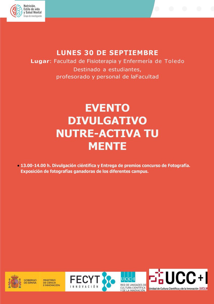 Fafeto_UCLM's tweet photo. ¡Ay que nervios, que emoción! ☺️
El próximo lunes 30 de septiembre se entregarán los premios del concurso fotográfico del evento divulgativo nutre-activa tu mente!
@anaicobo
#concuso #uclm_es https://t.co/hNdPLlLysn