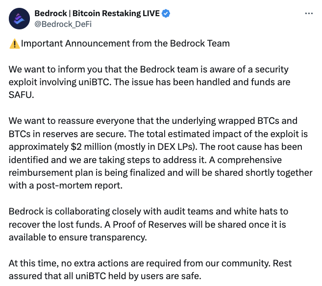 BEDROCK PROTOCOL TAKES A $2M HIT Bedrock just got hit with a nasty $2 ...
