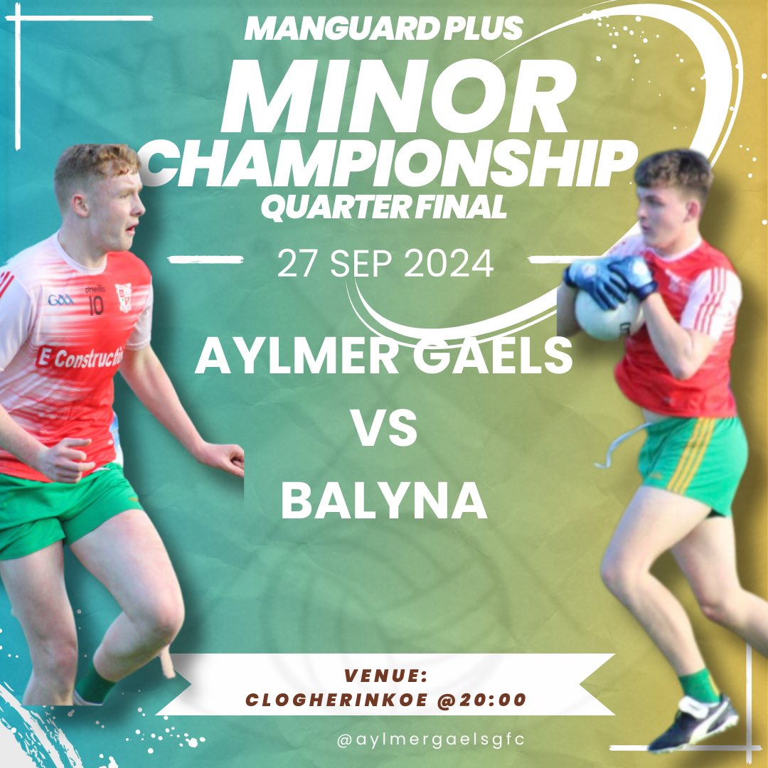 AylmerGaelsGfc's tweet photo. It's match day for our Minors as they prepare for the Championship quarter-final, taking on Balyna at 8pm in Clogherinkoe. Let's get a big crowd out to cheer on the lads as they aim for a spot in the semi-final. 
Best of luck to the team and mentors! 🟢🔵 https://t.co/fHboX8JH1b