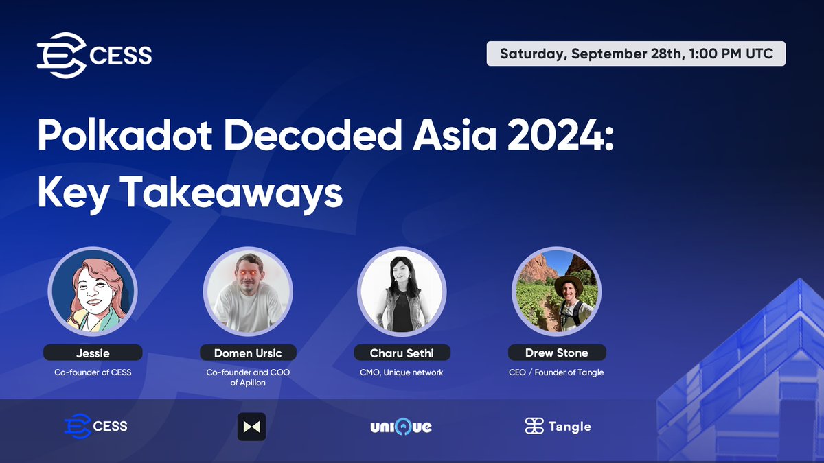 CESS Network (@cess_storage) on Twitter photo Join #CESS for a special Recap Space: #Polkadot Decoded Asia 2024: Key Takeaways!
Date: Saturday, September 28th, 1:00 PM UTC
🔗 x.com/i/spaces/1jMJg…
We’ll be joined by industry leaders to discuss the latest developments of <a href="/Polkadot/">Polkadot</a> and #CESS, and their impact on the #Web3 Join #CESS for a special Recap Space: #Polkadot Decoded Asia 2024: Key Takeaways!
Date: Saturday, September 28th, 1:00 PM UTC
🔗 x.com/i/spaces/1jMJg…
We’ll be joined by industry leaders to discuss the latest developments of <a href="/Polkadot/">Polkadot</a> and #CESS, and their impact on the #Web3