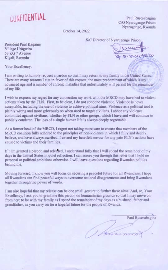 TheGreatLakesE1's tweet photo. 5) The commuting of his sentence came after the 70-year-old requested President #Kagame to be pardoned, in an October 2022 letter. In the letter, #Rusesabagina said he wished to express “regret for any connection [his] work with the #MRCD may have had to violent actions taken by the #FLN.”