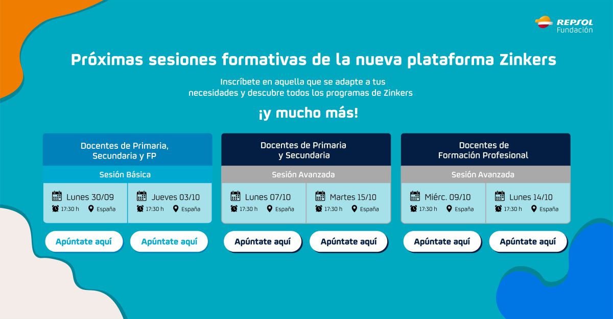 #Docentes de #FP, nos os perdáis la #formación del programa educativo #ZinkersFP que os ayudará a impartir en vuestras aulas el módulo de #Sostenibilidad  de forma atractiva y totalmente #gratuita. Accede al registro de la sesión que más te interese aquí: zinkers.fundacionrepsol.com