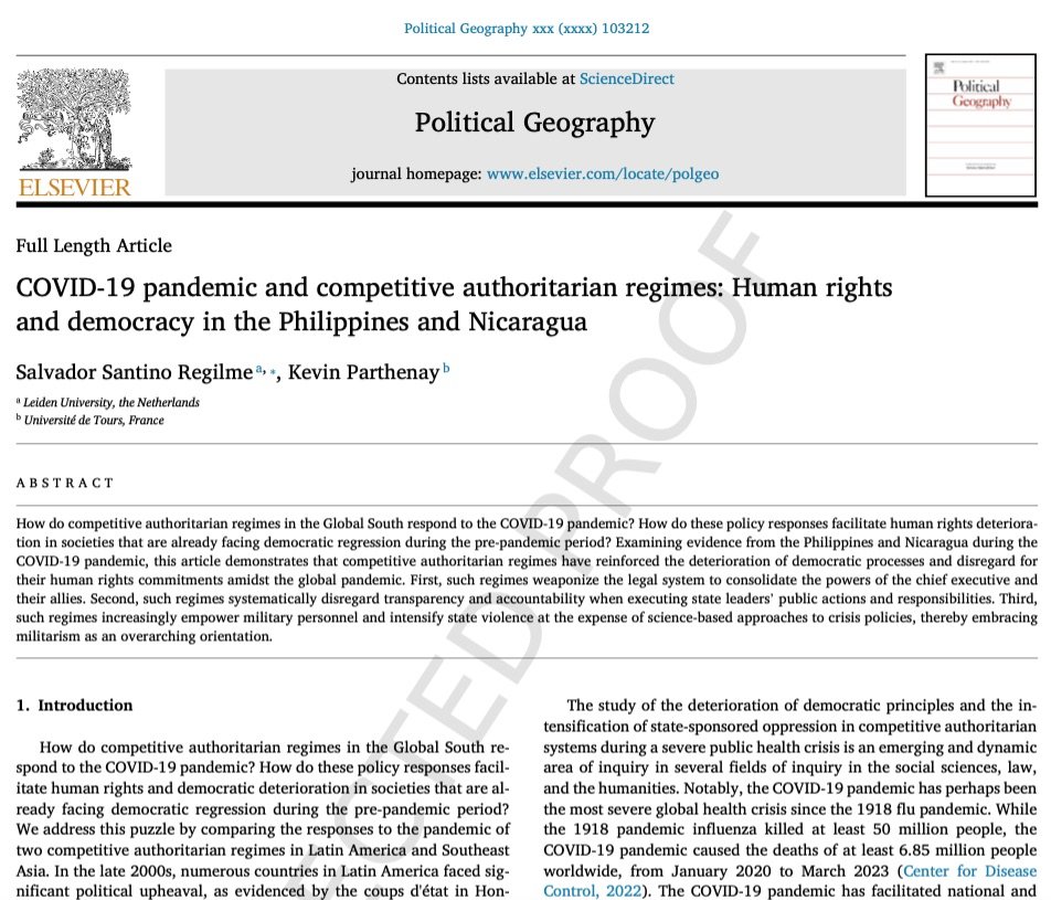 Salvador Santino Regilme (@santinoregilme) on Twitter photo How do competitive authoritarian regimes in the Global South respond to the COVID-19 pandemic? <a href="/kparth1/">Kevin Parthenay</a> /Kevin Parthenay and I answered this question. This article will be published soon in @Pol_Geog_Jl! It's now in production. sciencedirect.com/journal/politi… How do competitive authoritarian regimes in the Global South respond to the COVID-19 pandemic? <a href="/kparth1/">Kevin Parthenay</a> /Kevin Parthenay and I answered this question. This article will be published soon in @Pol_Geog_Jl! It's now in production. sciencedirect.com/journal/politi…