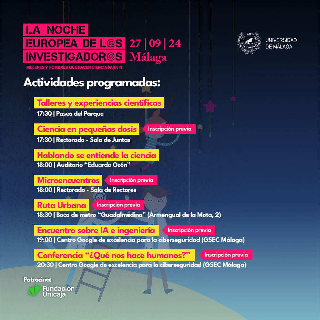 ¡Ha llegado el día! Hoy, a partir de las 17.30h, no te pierdas la XIII Noche Europea de los Investigadores/as🧑‍🔬 en #Málaga, con múltiples y divertidas actividades en el Rectorado, Paseo del Parque, el Auditorio Eduardo Ocón y el Centro <a href="/Google/">Google</a>.

+info: …osinvestigadores.fundaciondescubre.es/malaga/