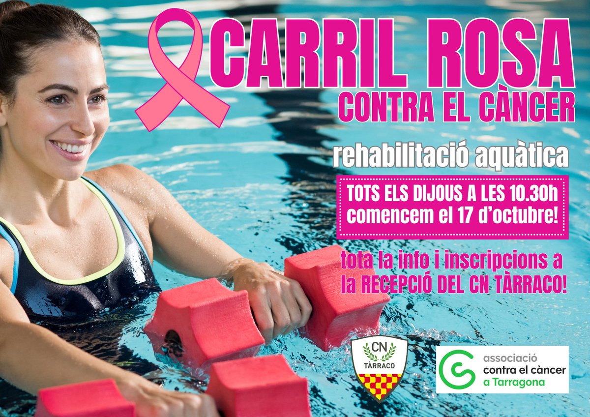 Club Natació Tàrraco (@nataciotarraco) on Twitter photo CARRIL ROSA contra el càncer 🏊👊
✅ Rehabilitació aquàtica
✅ Dirigida a persones que han patit càncer
✅ Tots els dijous a les 10.30h
➡️ Comencem el 17 d'octubre! <a href="/contraelcancer/">HAZTE UNA MAMOGRAFIA</a>.tarragona
#contraelcancer #fuckcancer #rehabilitacioaquatica CARRIL ROSA contra el càncer 🏊👊
✅ Rehabilitació aquàtica
✅ Dirigida a persones que han patit càncer
✅ Tots els dijous a les 10.30h
➡️ Comencem el 17 d'octubre! <a href="/contraelcancer/">HAZTE UNA MAMOGRAFIA</a>.tarragona
#contraelcancer #fuckcancer #rehabilitacioaquatica