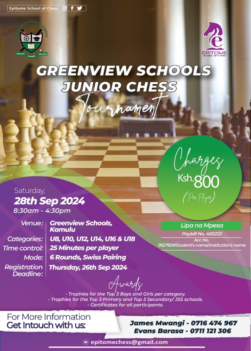 🚀 Have you registered for our 1st Edition - Greenview Schools Junior Chess Tournament on 28th September?

🎯 Register your child/student and give them an opportunity to showcase their talent.

📥 Registration link: forms.gle/MMU5udvhArtNQH…

Get in touch with us on: +254716474967