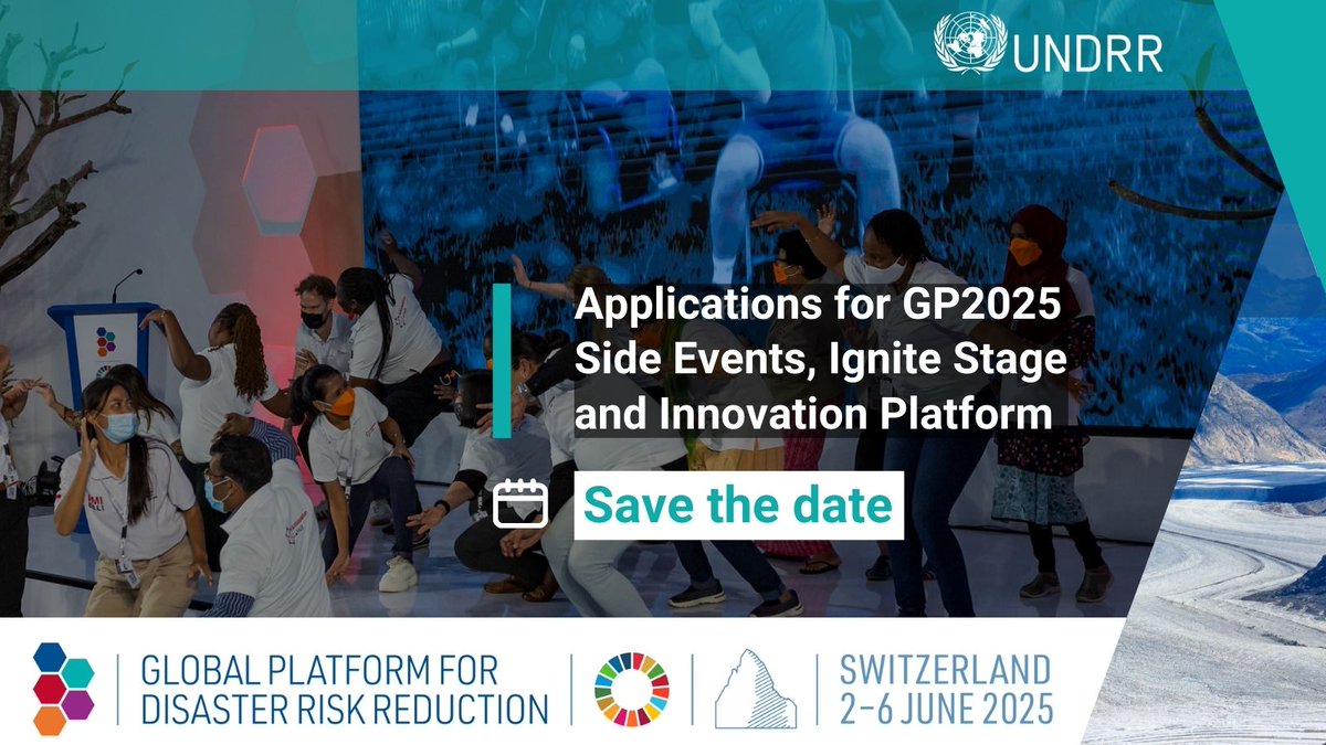 📢Get ready for GP2025!

Applications for the Informal Programme of the Global Platform for Disaster Risk Reduction will be opening soon! 

🎤 Side Events 🗓️  from 30 Sept 
⚡Ignite Stage &amp; 💡Innovation Platform 🗓️ from 4 Nov

More ➡️ ow.ly/P08o50TvxuQ