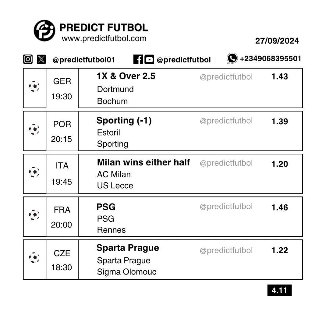 4.11 Odds ✅
PARIPESA Booking Code 👉 N9Q28

Join our telegram channel here 👇
t.me/+tEVXLi9Q31ZiZ…

Register on PARIPESA Here
👉 paripesa.bet/predict01

Promo code: PREDICT01

Visit our website predictfutbol.com and download our app for more free predictions everyday