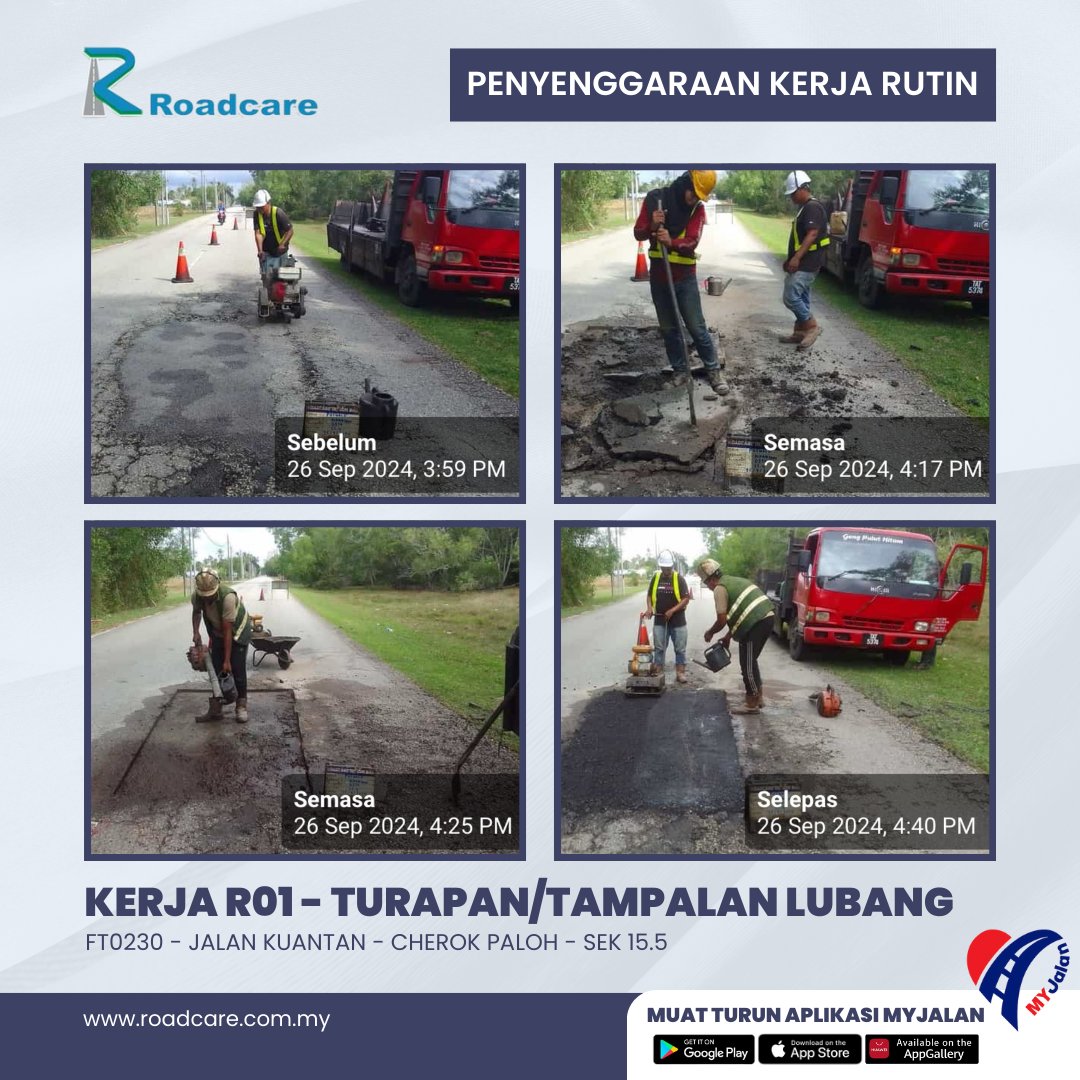 Roadcare Kuantan (@rckuantan) on Twitter photo 26 SEPTEMBER 2024
KERJA KERJA PENYENGGARAAN RUTIN R-01 TURAPAN/PENAMPALAN POTHOLE (Pothole-Hotmix)
FT 0230 - JALAN KUANTAN - CHEROK PALOH
Section 15.5
<a href="/JKRPAHANG/">JKR PAHANG</a> <a href="/JkrKuantan/">JKR Daerah Kuantan</a> <a href="/mbkuantan/">MBKuantan</a> <a href="/Roadcare_Phg/">ROADCARE PAHANG</a> <a href="/Roadcare_HQ/">ROADCARE (M) SDN BHD</a> <a href="/JKRMalaysia/">JKR Malaysia</a> 26 SEPTEMBER 2024
KERJA KERJA PENYENGGARAAN RUTIN R-01 TURAPAN/PENAMPALAN POTHOLE (Pothole-Hotmix)
FT 0230 - JALAN KUANTAN - CHEROK PALOH
Section 15.5
<a href="/JKRPAHANG/">JKR PAHANG</a> <a href="/JkrKuantan/">JKR Daerah Kuantan</a> <a href="/mbkuantan/">MBKuantan</a> <a href="/Roadcare_Phg/">ROADCARE PAHANG</a> <a href="/Roadcare_HQ/">ROADCARE (M) SDN BHD</a> <a href="/JKRMalaysia/">JKR Malaysia</a>