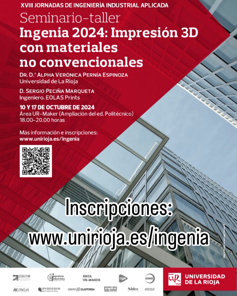 📣Curso “Impresión 3D con materiales no convencionales”, el 10 y 17 de oct, de 18h-20h en <a href="/area_urmaker/">Área UR-MAKER</a> <a href="/unirioja/">Universidad de La Rioja</a> con <a href="/SPeci_94/">Sergio Peciña</a> de <a href="/eolasprints/">Eolas Prints</a> y Alpha Pernia de <a href="/area_urmaker/">Área UR-MAKER</a>. No te lo pierdas! Para todos los públicos, abierto y gratuito.