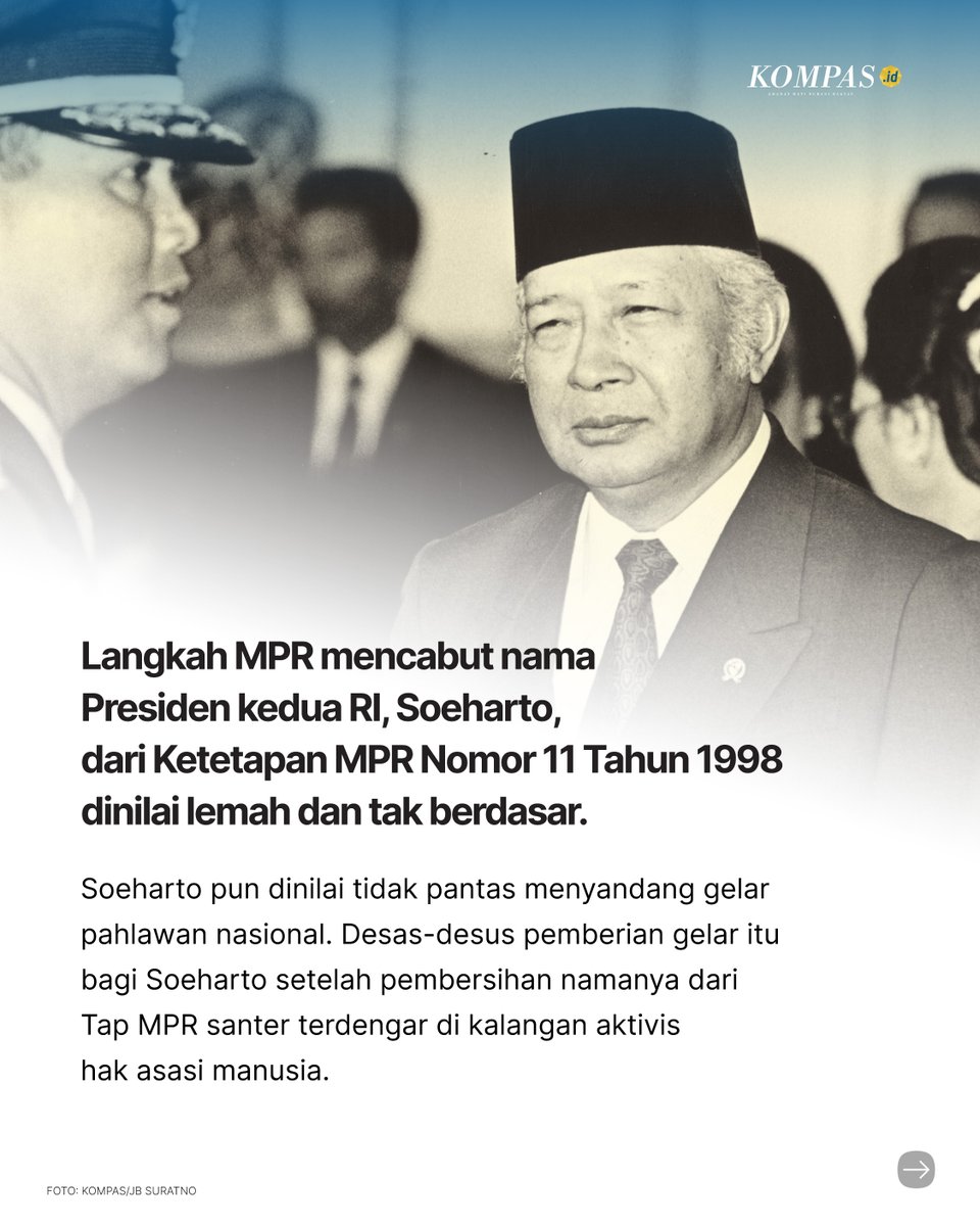 hariankompas's tweet photo. Mengapa pembersihan nama Soeharto menuai kritik?

#KompasBrief #TAPMPR #AdadiKompas https://t.co/RnaHstXw9n