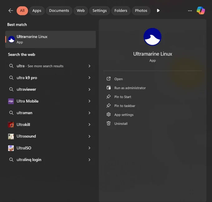 Ultramarine Linux in the Windows 11 start menu.