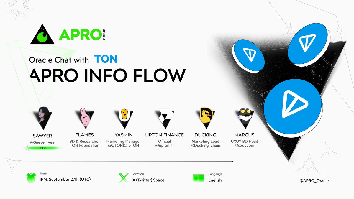 APRO_Oracle's tweet image. 🎤Join us for the 6th 𝕏 Spaces event: &quot;APRO INFO FLOW - Oracle Chat with Ton &quot;

🗓️September 27 at 1:00 PM (UTC)

Topics:
🔸 #Ton Ecosystem Development Plan
🔸Security of Ton #DeFi
🔸Incentive strategies for the community

👥Guests:
- @flames168 , BD &amp;amp; Researcher of…
