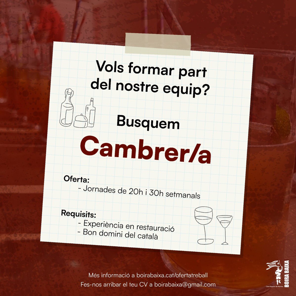 🔎 Seguim buscant personal per treballar en el nou projecte de restauració del Casal Popular Boira Baixa de #Manlleu.

👩‍🍳 Cuiner/a
🍴 Cambrer/a
🧂 Cap de sala 

🔗 Tota la informació a: boirabaixa.cat/ofertatreball.