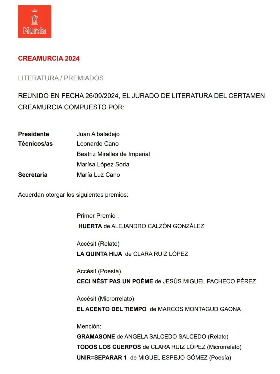 Me acaban de decir que he ganado el accésit de Poesía del CreaMurcia 2024. ¡GRACIAS! 😭❤️‍🩹✨️
