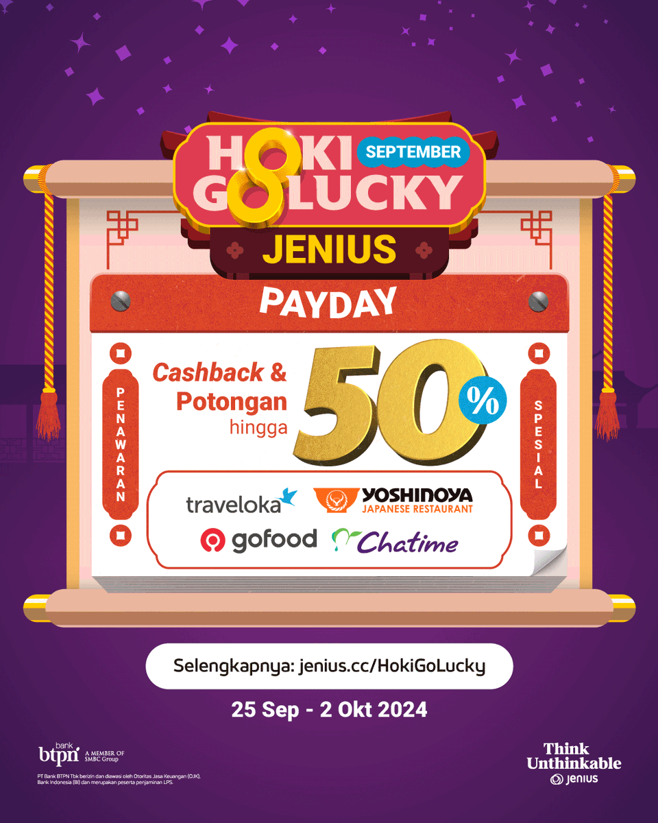JeniusConnect's tweet photo. JANGAN KELEWATAN! ✋ Buruan jajan enak & hemat pakai promo Hoki Go Lucky Jenius Payday!

Masih banyak nih kuota promonya. Makan siang di Yoshinoya dan beli minum favoritmu di Chatime pake scan QRIS dari aplikasi Jenius dapat cashback 50%~

Cek juga potongan 50% lainnya di sini: https://t.co/fYPPvwTKsD