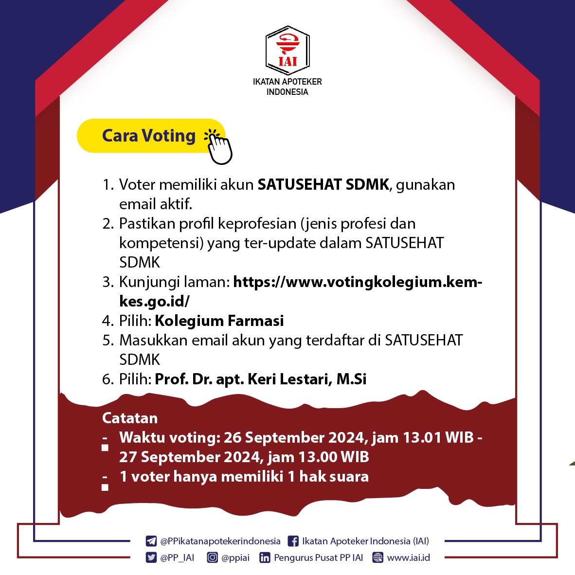 Masih ada waktu 5 menit lagi. Yuk pilih Prof. Keri Lestari untuk menjadi Ketua Kolegium Farmasi Indonesia yang akan datang. Vote di sini votingkolegium.kemkes.go.id