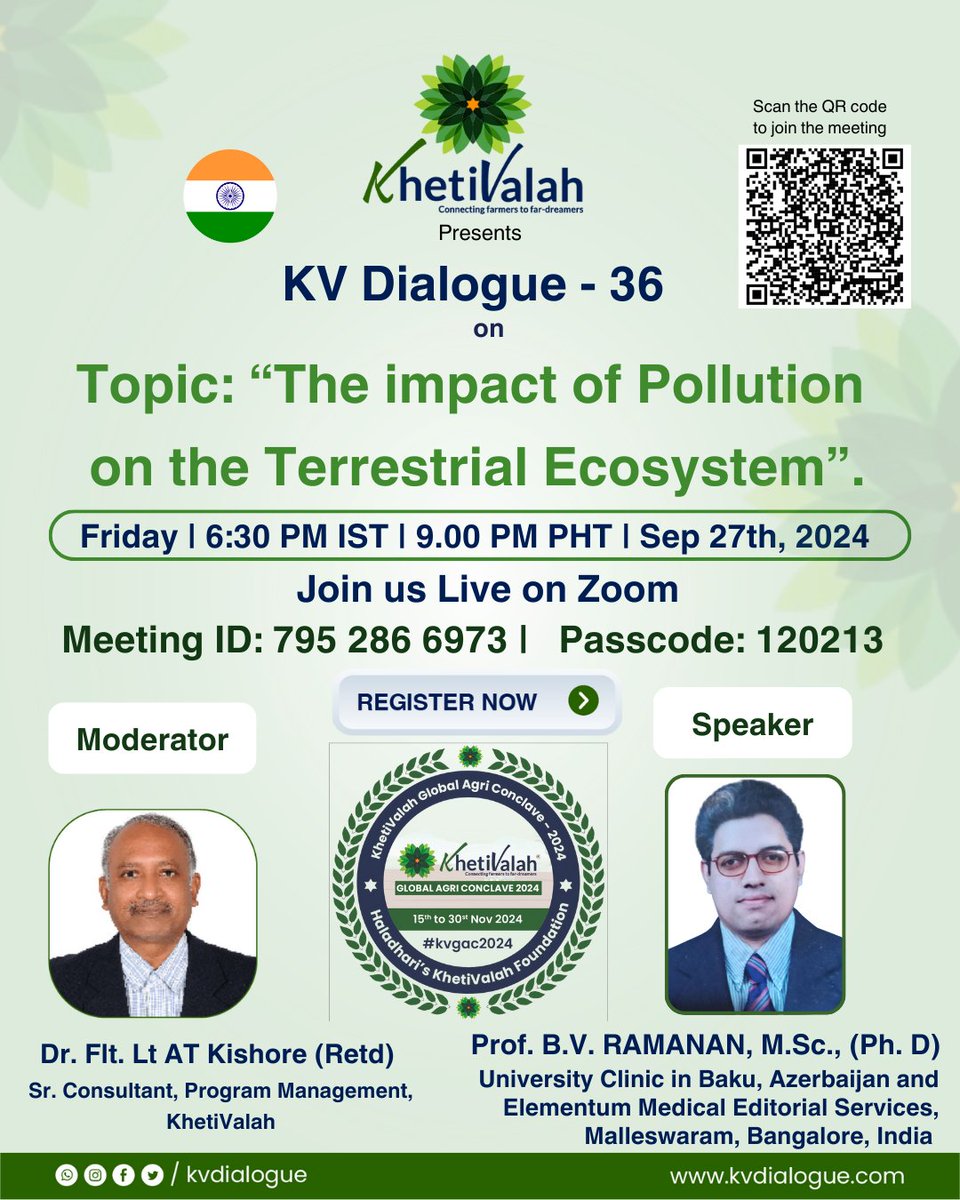 KVCharcha's tweet photo. #KVDialogue -36,Sep27th,at6:30PM IST&amp;9.00PM PHT. 
Topic: "#TheImpactOfPollutionOnTheTerrestrialEcosystem”. 
-
#khetivalah #kvdialogue #farming #agritalk #khetivalahdialogue #khetivalahcharcha #kvdiyalogo #KhetiValahGlobalAgriConclave2024 #AgriConclave #KVGAC24 #KVGAC #BVRAMANAN https://t.co/SCeaqOt3sY