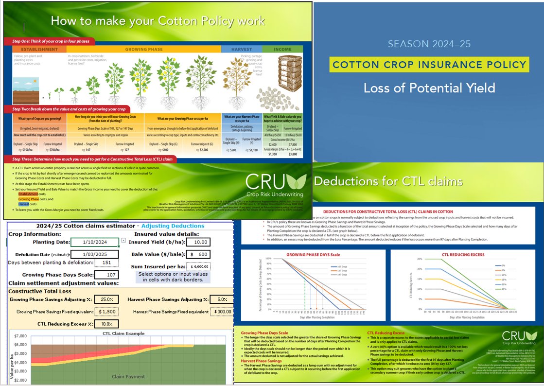 It's cotton season again and CRU has released its 2024/25 cotton insurance policy wording with preferential rates for certified growers and those able to provide GIS based digital field maps. 
Talk to your insurance broker to find out more.